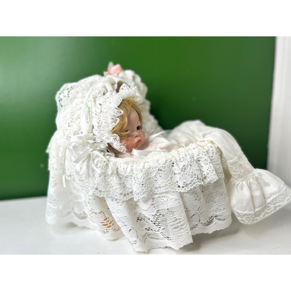Vintage Porcelain Baby Doll in Lace Wicker Bassinet White Smocked Gown Pouting